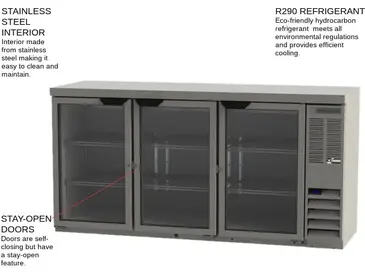 Beverage Air BB72HC-1-FG-S-27 Silver 3 Glass Door Refrigerated Back Bar Storage Cabinet, 115 Volts