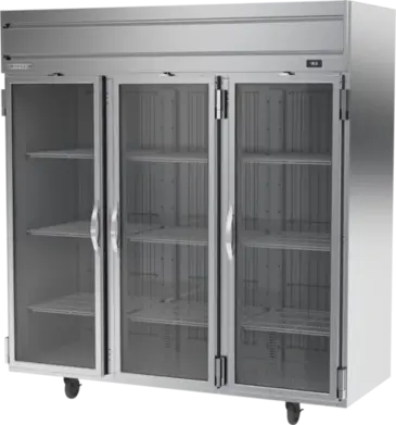 Beverage Air HRP3HC-1G 78.00'' 71.52 cu. ft. Top Mounted 3 Section Glass Door Reach-In Refrigerator