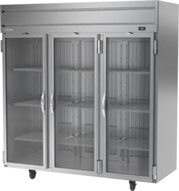 Beverage Air HRPS3HC-1G 78.00'' 71.52 cu. ft. Top Mounted 3 Section Glass Door Reach-In Refrigerator