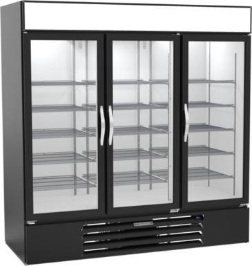 Beverage Air MMR72HC-1-B 75'' Black 3 Section Swing Refrigerated Glass Door Merchandiser