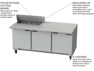 Beverage Air SPE72HC-08C 72'' 3 Door Counter Height Refrigerated Sandwich / Salad Prep Table with Cutting Top