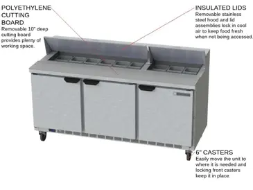 Beverage Air SPE72HC-18 72'' 3 Door Counter Height Refrigerated Sandwich / Salad Prep Table with Standard Top