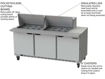 Beverage Air SPE72HC-24M 72'' 3 Door Counter Height Mega Top Refrigerated Sandwich / Salad Prep Table