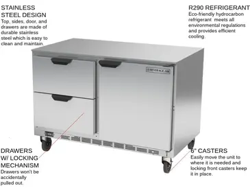 Beverage Air UCFD48AHC-2 48'' 2 Section Undercounter Freezer with 1 Right Hinged Solid Door 2 Drawers and Front Breathing Compressor