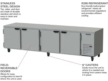 Beverage Air UCR119AHC 119'' 4 Section Undercounter Refrigerator with 4 Left/Right Hinged Solid Doors and Side / Rear Breathing Compressor