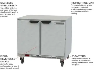 Beverage Air UCR36AHC 36'' 2 Section Undercounter Refrigerator with 2 Left/Right Hinged Solid Doors and Front Breathing Compressor