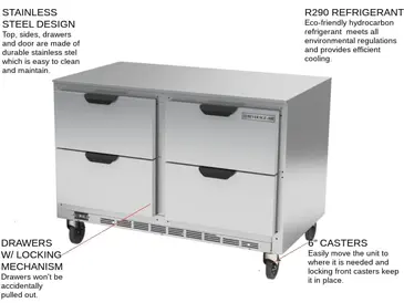 Beverage Air UCRD48AHC-4 48'' 2 Section Undercounter Refrigerator with 4 Drawers and Front Breathing Compressor