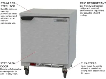 Beverage Air WTF27AHC-FLT 27'' 1 Door Counter Height Worktop Freezer with Side / Rear Breathing Compressor - 6.13 cu. ft.