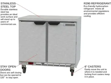 Beverage Air WTF36AHC-FLT 36'' 2 Door Counter Height Worktop Freezer with Side / Rear Breathing Compressor - 8.69 cu. ft.