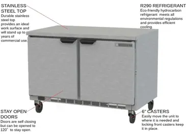 Beverage Air WTF48AHC-FLT 48'' 2 Door Counter Height Worktop Freezer with Side / Rear Breathing Compressor - 13.9 cu. ft.