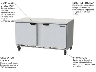 Beverage Air WTF60AHC-FLT 60'' 2 Door Counter Height Worktop Freezer with Side / Rear Breathing Compressor - 14.39 cu. ft.