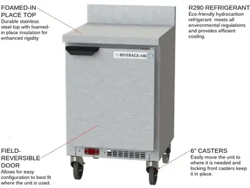 Beverage Air WTR20HC-FIP 20'' 1 Door Counter Height Worktop Refrigerator with Side / Rear Breathing Compressor - 2.7 cu. ft.