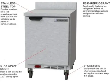 Beverage Air WTR24AHC-FIP 24'' 1 Door Counter Height Worktop Refrigerator with Side / Rear Breathing Compressor - 5.16 cu. ft.