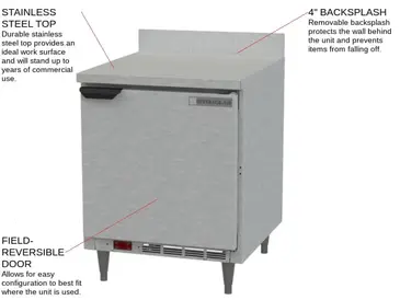 Beverage Air WTR27AHC 27'' 1 Door Counter Height Worktop Refrigerator with Side / Rear Breathing Compressor - 6.13 cu. ft.