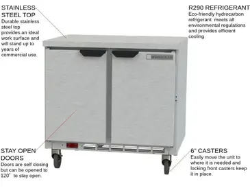 Beverage Air WTR36AHC-FLT 36'' 2 Door Counter Height Worktop Refrigerator with Side / Rear Breathing Compressor - 8.5 cu. ft.