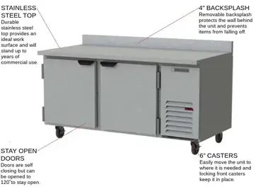 Beverage Air WTR67AHC 67'' 2 Door Counter Height Worktop Refrigerator with Side / Rear Breathing Compressor - 27.0 cu. ft.