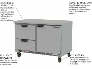 Beverage Air WTRD48AHC-2-FLT 48'' 1 Door 2 Drawer Counter Height Worktop Refrigerator with Side / Rear Breathing Compressor - 13.9 cu. ft.