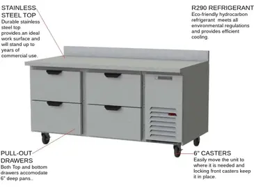 Beverage Air WTRD67AHC-4 67'' 4 Drawer Counter Height Worktop Refrigerator with Side / Rear Breathing Compressor - 18.97 cu. ft.