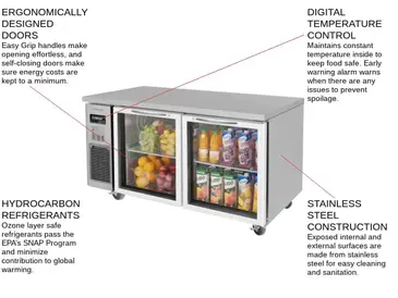 Turbo Air JUR-60-G-N 59'' 2 Section Undercounter Refrigerator with 2 Left/Right Hinged Glass Doors and Side / Rear Breathing Compressor