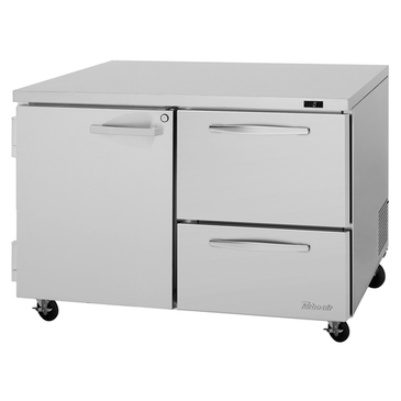 Turbo Air PUF-48-D2R(L)-N 48.25'' 2 Section Undercounter Freezer with 1 Solid Door 2 Drawers and Side / Rear Breathing Compressor