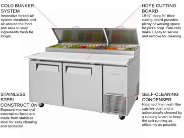 Turbo Air TPR-67SD-N 67'' 2 Door Counter Height Refrigerated Pizza Prep Table