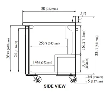 Turbo Air TWR-72SD-N 72.63'' 3 Door ADA Height Worktop Refrigerator with Side / Rear Breathing Compressor - 19.0 cu. ft.