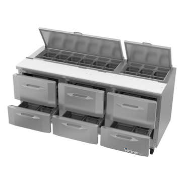 Victory Refrigeration VSPD72HC-18-6 72.00'' 6 Drawer Counter Height Refrigerated Sandwich / Salad Prep Table with Standard Top