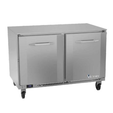 Victory Refrigeration VUF48HC 48'' 2 Section Undercounter Freezer with 2 Left/Right Hinged Solid Doors and Front Breathing Compressor